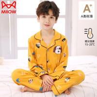 猫人（MiiOW）女童纯棉睡衣儿童长袖春秋季开衫中大童男孩家居服薄套装 眼镜狗黄色 150cm