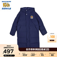 Skechers斯凯奇儿童三防中长款羽绒服保暖男女童外套L423K097 中世纪蓝/007D 150cm