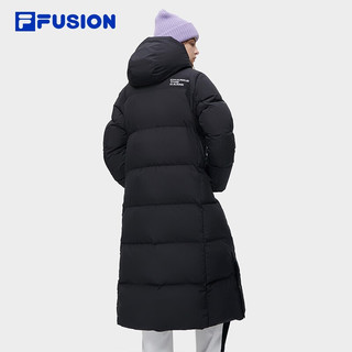 FILA FUSION斐乐潮牌长款羽绒服女时尚休闲连帽外套 正黑色-BK 165/84A/M