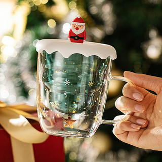 摩登主妇 圣诞玻璃杯双层大容量水杯卡通办公室耐热双层喝水杯子 圣诞树双层杯+圣诞树杯盖