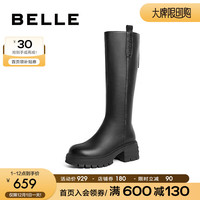 BeLLE 百丽 美拉德风骑士靴女23冬季高跟高筒靴加绒A6Y1DDG3 黑色-单里 34