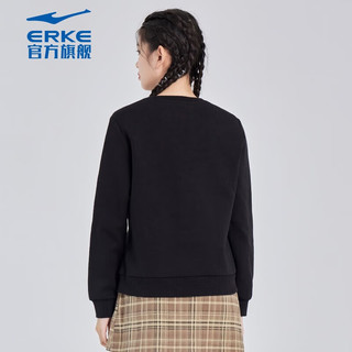 鸿星尔克（ERKE）卫衣女宽松百搭时尚休闲简约保暖圆领运动风女生长袖 正黑 L