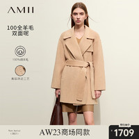 AMII2023冬西装领配腰带全羊毛双面呢女一手长毛呢外套上衣 驼色 155/80A/S