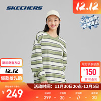 斯凯奇（Skechers）保暖时尚条纹圆领男女同款针织半圆领卫衣L323U092 油绿-白混色条纹/0433 XS