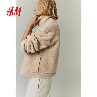 H&M 女装短外套柔软泰迪绒立领长袖上衣1099675 浅米色 170/116A