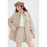 女装简约格子落肩单排扣翻领一手长粗花呢外套女