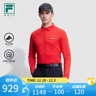 FILA 斐乐男子针织长袖POLO衫2023冬防晒高尔夫运动上衣 番茄色-RD 180/100A/XL