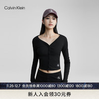 Calvin Klein Jeans24春季女士简约织标纽扣V领打底开衫长袖T恤J222570 BEH-太空黑 M