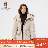 Hush Puppies暇步士女装工装风中长款貉子毛领羽绒服 130卡其 L