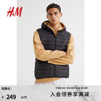 H&M男装马甲休闲尼龙保暖连帽夹棉背心夹克0978501 黑色006 175/108A