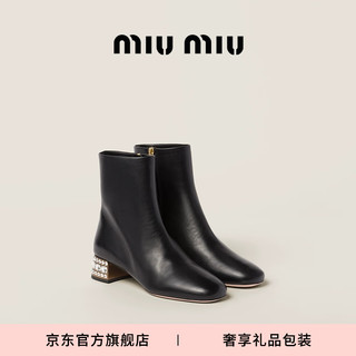 MIU MIU【】缪缪女士牛皮革短靴靴子 黑色 36.5