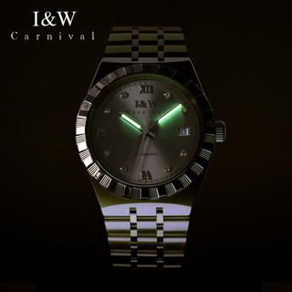 I&W CARNIVAL HWGUOJI瑞士品牌IW手表男夜光防水男士手表机械表全自动男表 银灰钢带机芯刻字