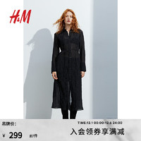 H&M女装时尚休闲腰部系带衬衫式连衣裙1201676 黑色 160/88A