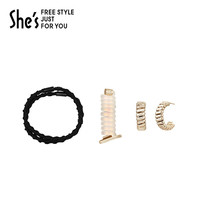 She'sshes茜子流光序曲肌理金属螺纹耳环耳饰高弹束发电话线皮筋套装 金色K0