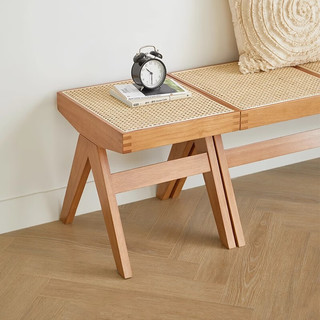 溢彩年华北欧设计师实木长条凳板凳家用餐凳藤实木换鞋凳藤长凳1137