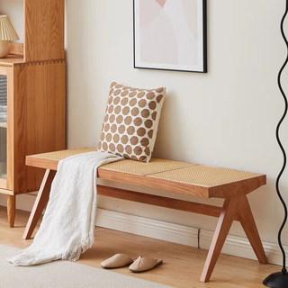 溢彩年华北欧设计师实木长条凳板凳家用餐凳藤实木换鞋凳藤长凳1137