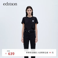 editionT恤女2023冬设计感植绒印花logo正肩显瘦短袖纯棉上衣 黑色 S/160