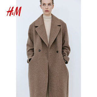 H&M 女装毛呢外套双排扣平驳领纽扣前襟大衣1170404 棕色 160/88A