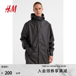 H&M 男装夹克外套冬季高领长款连帽户外潮流疏水单排扣大衣0978427 黑色 170/92A