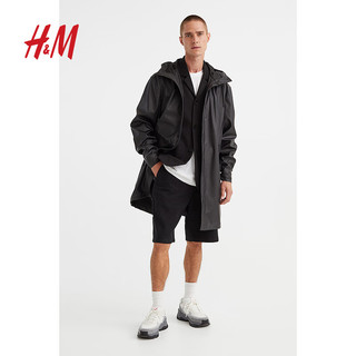 H&M男装夹克外套冬季高领长款连帽户外潮流疏水单排扣大衣0978427 黑色 170/92A