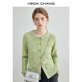 VEGA CHANG针织衫外套女小个子显瘦法式复古长袖开衫上衣 黄绿花色 S