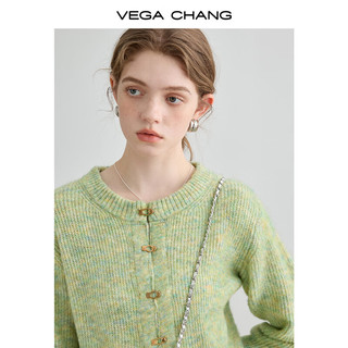VEGA CHANG针织衫外套女小个子显瘦法式复古长袖开衫上衣 黄绿花色 S