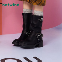 热风冬季女士时尚休闲靴显瘦长筒靴西部靴高筒靴复古长靴 01黑色 36(正码)