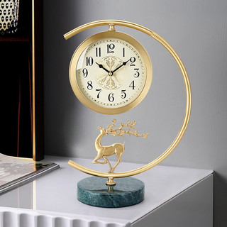 汉时（Hense）欧式轻奢黄铜座钟创意桌面台钟玄关装饰时钟客厅石英钟表HD1032 大理石底座