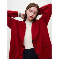 范思蓝恩23FS14765慵懒风红色针织开衫外套韩版中长款V领宽松外套 中国红 M