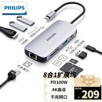 PHILIPS 飞利浦 扩展坞雷电3/4拓展坞type-c转hdmi网口iPad笔记本 macbook pro/air适用华为手机苹果电脑转换器八合一