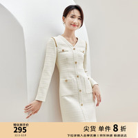 SENTUBILA 尚都比拉 秋季气质优雅V领显瘦金属纽扣小香风连衣裙 米杏色 L