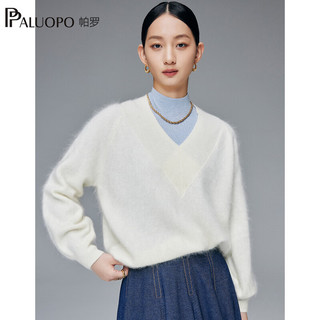 帕罗（PALUOPO）100%山羊绒女士秋冬甜美针织保暖拉绒毛衣 23331 白色 均码