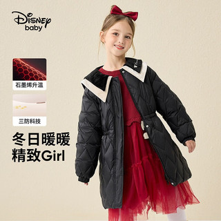 Disney 迪士尼 童装女童甜美大翻领收腰中长款羽绒服卡通时尚外套 黑色 130