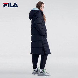 FILA Emerald斐乐女士长款羽绒服2023冬新时尚休闲舒适连帽外套 正黑色-BK 170/88A/L