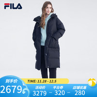 FILA Emerald斐乐女士长款羽绒服2023冬新时尚休闲舒适连帽外套 正黑色-BK 170/88A/L