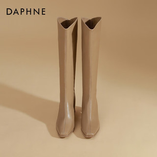 达芙妮（DAPHNE）时尚女长筒靴小个子不过膝粗腿法式高跟长靴显瘦 杏色 36