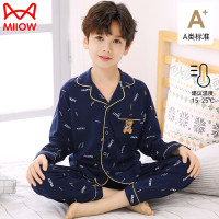猫人（MiiOW）女童纯棉睡衣儿童长袖春秋季开衫中大童男孩家居服薄套装 字母小熊藏青 150cm