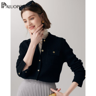 帕罗（PALUOPO）翻领羊绒衫开衫女式100%山羊绒12G电纺坑条提花针织毛衣 23091 黑 110/XL