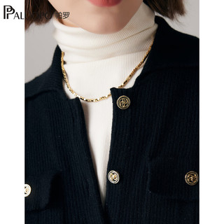 帕罗（PALUOPO）翻领羊绒衫开衫女式100%山羊绒12G电纺坑条提花针织毛衣 23091 黑 110/XL