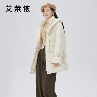 艾莱依（ERAL）2023甜美短款连帽羽绒服女冬季珍珠装饰花苞袖设计外套 炭黑 155【80-110斤】S