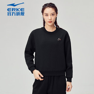 鸿星尔克（ERKE） 卫衣女加绒加厚保暖运动上衣简约百搭休闲女子 正黑 M