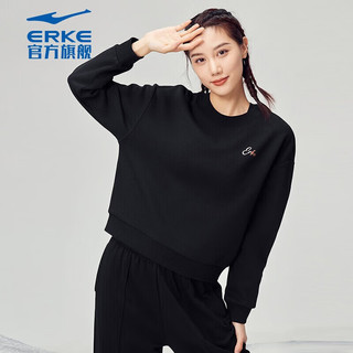 鸿星尔克（ERKE） 卫衣女加绒加厚保暖运动上衣简约百搭休闲女子 正黑 M