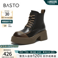 BASTO 百思图 商场同款时髦潮流马丁靴粗跟女中靴SD581DZ3 黑色/墨绿绒里 34