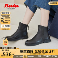 Bata 拔佳 時裝靴女商場英倫風通勤百搭牛皮短筒靴AKQ48DD3 黑色-單里 37