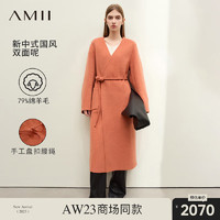 AMII2023冬新中式配盘扣腰绳V领斜襟双面呢大衣女羊毛呢外套 浅焦糖 155/80A/S