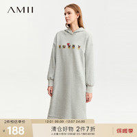 AMII2023冬温暖舒适字母印花连帽不倒绒连衣裙女加绒卫衣裙子 花灰 155/80A/S