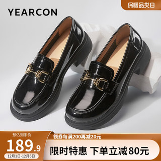 YEARCON 意尔康 女鞋 乐福鞋女漆皮深口单鞋女学院风粗跟鞋子女 黑色 38