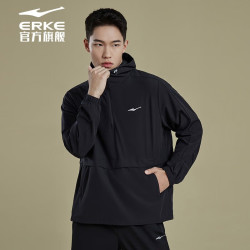 erke鸿星尔克男子新款运动风衣舒适防风开襟夹克外套透气跑步上衣正黑