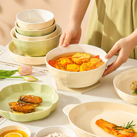 晋宝源奶油风餐具碗碟套装碗家用高颜值碗筷盘子潮州餐具陶瓷碗盘碗具 8英寸圆碗-黄1头+大勺 1头