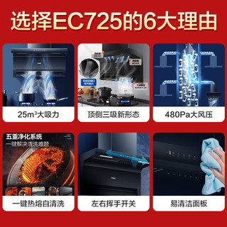 Haier 海尔 油烟机 挥手开关顶侧双吸抽油烟机 家用7字型480pa 25立方大吸力热熔洗自清洁油烟机EC725